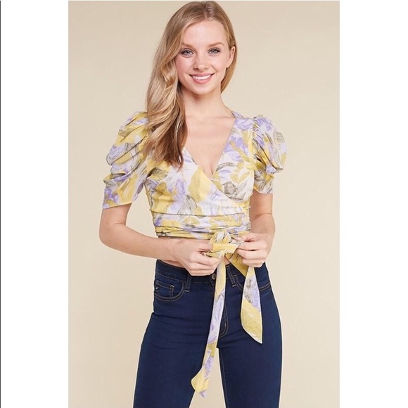 Yellow Floral Print Surplice Crop Top - Picture 6 of 7
